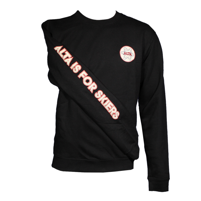 Black Light Weight Alta Sweatshirt with "Alta is for Skiers" on the sleeve.